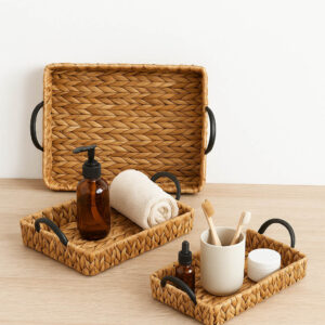 Kαλάθι Ψάθινο Οργάνωσης Αντικειμένων Με Μαύρα Δερμάτινα Χερούλια